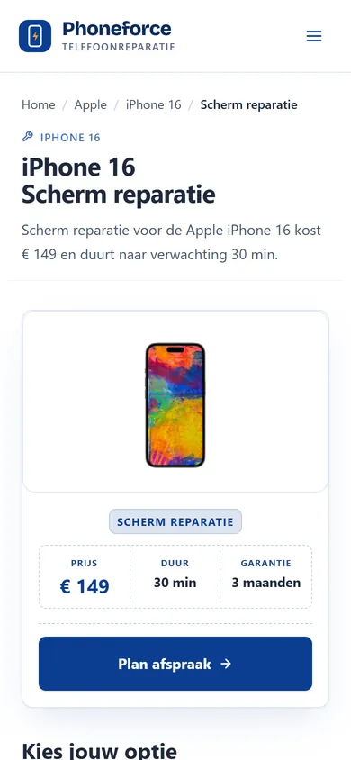 Een reparatiepagina op een telefoon: de prijs en de knop om een afspraak te plannen staan direct in beeld.