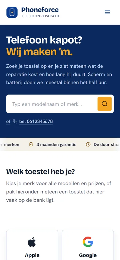Dezelfde startpagina op een telefoon: de zoekbalk vult bijna de hele breedte.