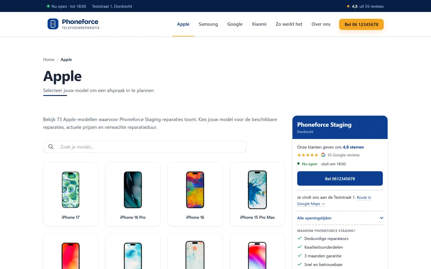 Merkpagina met de modellen die de winkel repareert, elk met een afbeelding en de vanaf-prijs.