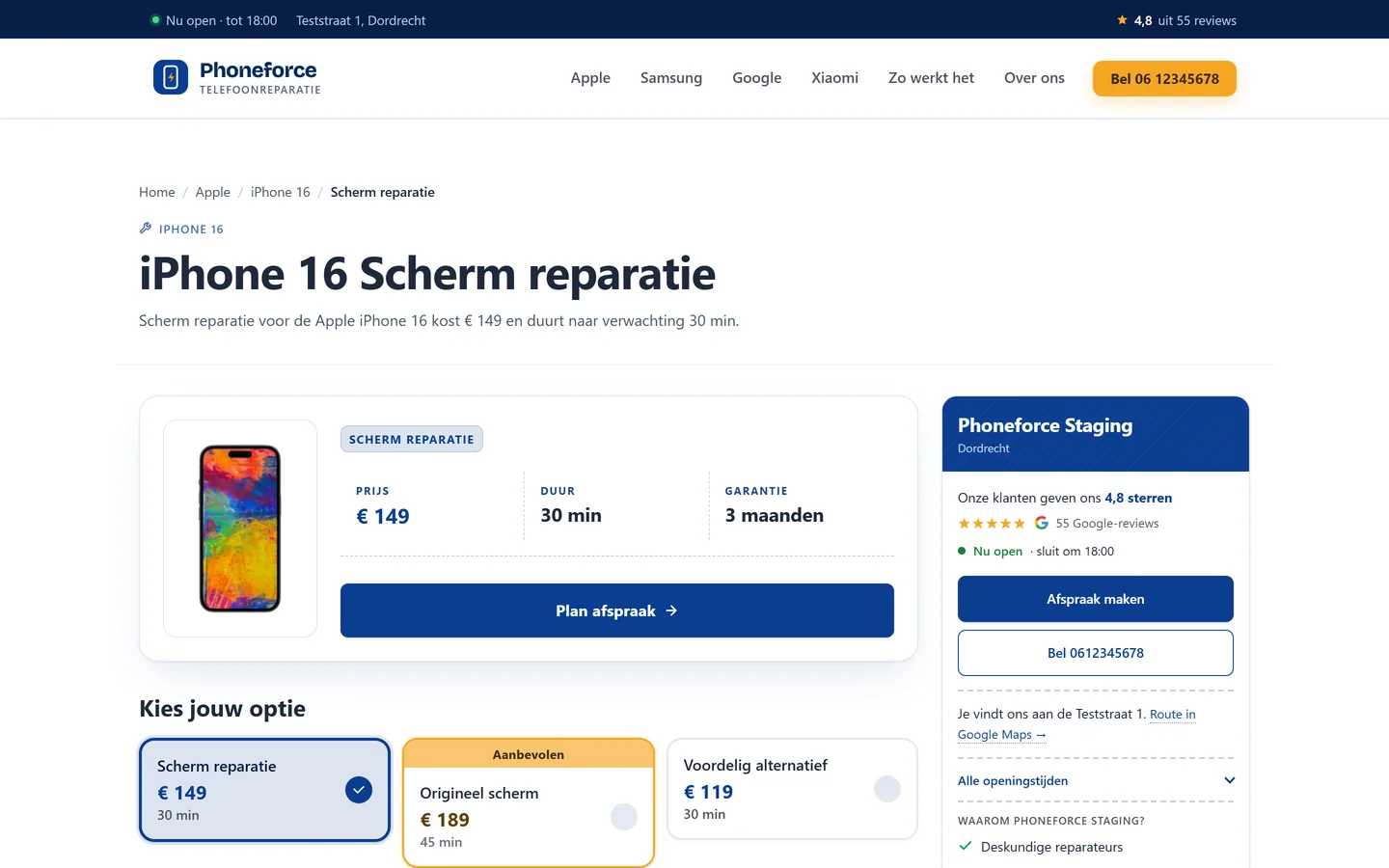 Reparatiepagina met de prijs, de duur en de garantie naast elkaar, en daaronder drie kwaliteitsopties om uit te kiezen.
