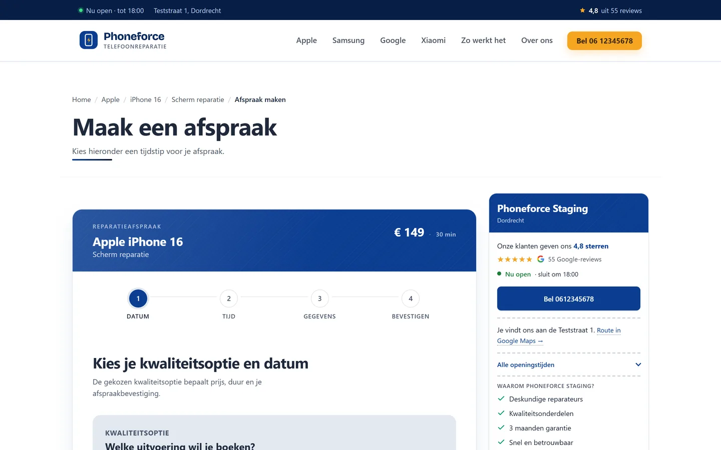 Afspraakscherm met de vier stappen datum, tijd, gegevens en bevestigen, en de gekozen reparatie met prijs bovenaan.